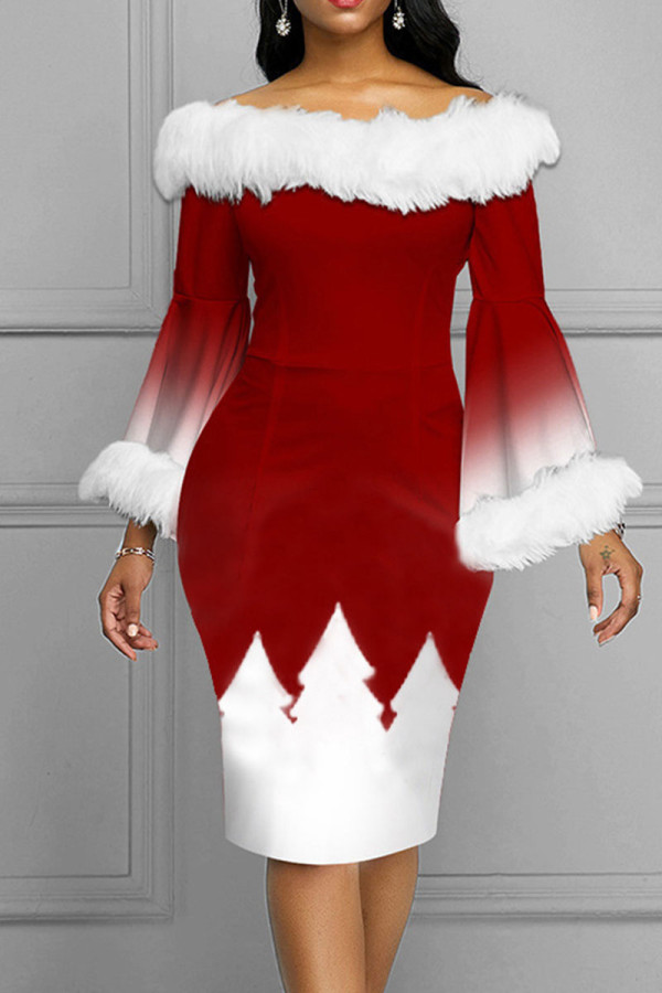 クリスマスツリーエレガントプリントパッチワークフェザーオフショルダーワンステップスカートドレス