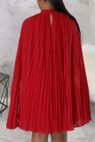 Robe rouge décontractée en patchwork uni plissé à col roulé A