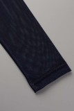 Vestidos de manga comprida azul marinho com estampa sexy patchwork decote oco