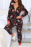 Dark Red Casual Print Patchwork Hooded Collar Regular Jumpsuits