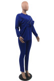 Blue Casual Solid Patchwork O Neck Long Sleeve Two Pieces
