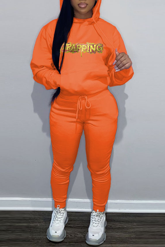 Orange Casual Letter Print O Neck Hooded Collar Long Sleeve Sweatshirt And Draw String Pants Two Pieces Jogger Sets