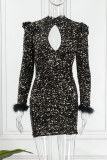 Brown Sexy Patchwork Hollowed Out Sequins O Neck Long Sleeve Dresses