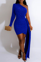 カラフルなブルー カジュアル ソリッド パッチワーク 非対称 斜め襟 ペンシル スカート ドレス