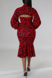 Red Sexy Print Patchwork Flounce Half A Turtleneck Long Sleeve Two Pieces