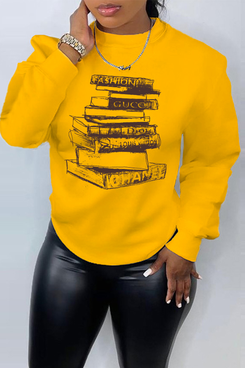 

Yellow Plus Size Street Vintage Print Patchwork Letter O Neck Tops