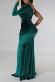Verde tinta elegante sólido patchwork gola oblíqua dobra vestidos trompete sereia
