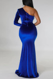 カラフルなブルーのエレガントな固体パッチワーク フォールド斜め襟トランペット マーメイド ドレス