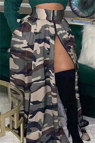 Grey Casual Camouflage Print Patchwork Slit Zipper Regular High Waist Skirts