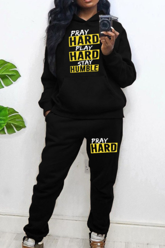 Black Street Print Patchwork Letter Hooded Collar Long Sleeve Two Pieces