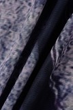 Robes à manches longues à col rond et imprimé sexy bleu marine