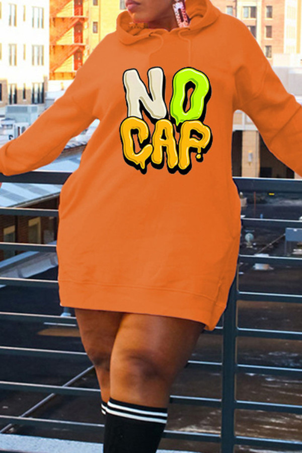 Orange Casual Print Patchwork Kapuzenkragen T-Shirt Kleid Kleider