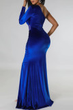 Vestidos de sirena de trompeta de cuello oblicuo con pliegues de patchwork sólido elegante azul colorido