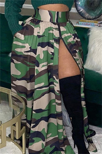 Vert décontracté imprimé camouflage patchwork fente fermeture éclair jupes taille haute régulières (sous réserve de l'objet réel)