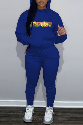Blue Casual Letter Print O Neck Hooded Collar Long Sleeve Sweatshirt And Draw String Pants Two Pieces Jogger Sets