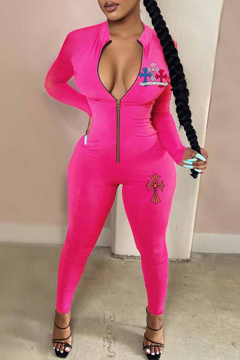 

Rose Red Street Print Patchwork Zipper Collar Jumpsuits