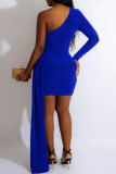 Colorido azul casual sólido patchwork asimétrico cuello oblicuo lápiz falda vestidos