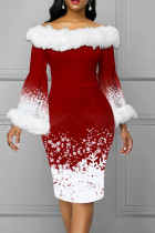 White Red Elegant Print Patchwork Feathers Off the Shoulder One Step Skirt Dresses