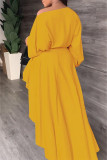 Vestidos de manga larga con cuello en O y abertura sólida informal amarillo
