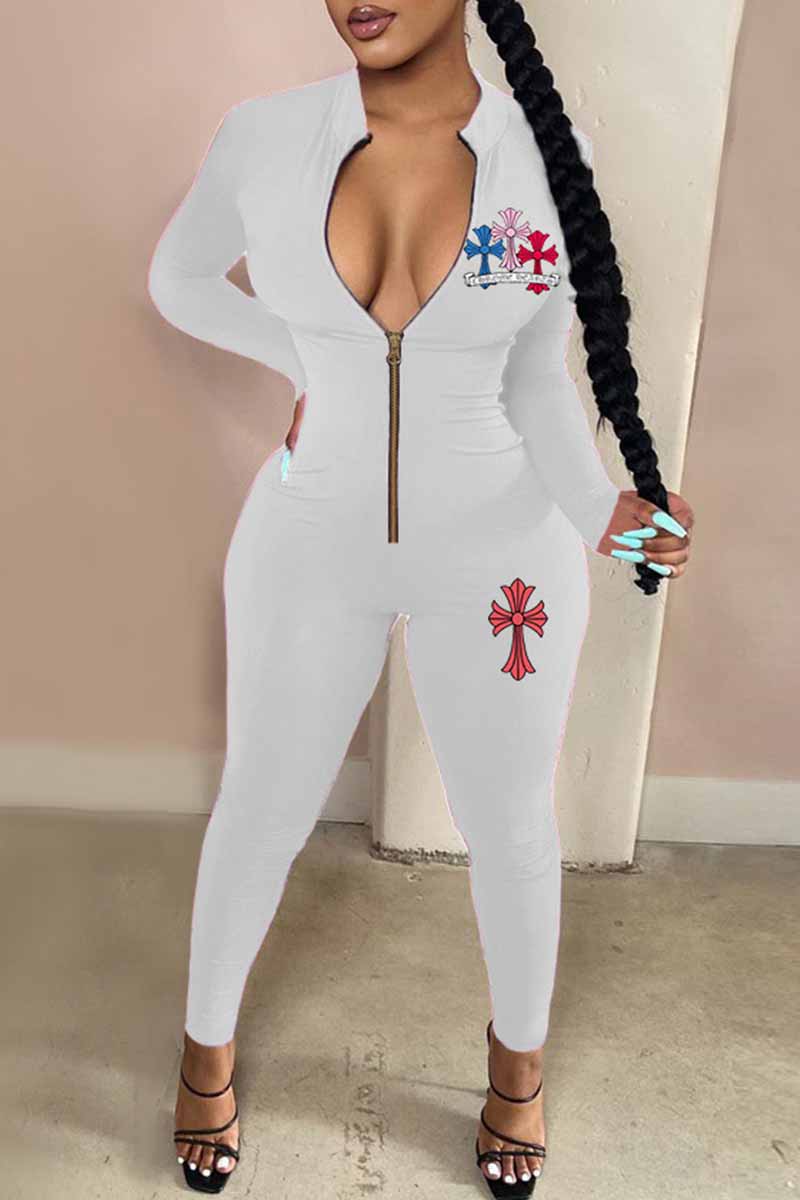 

White Street Print Patchwork Zipper Collar Jumpsuits