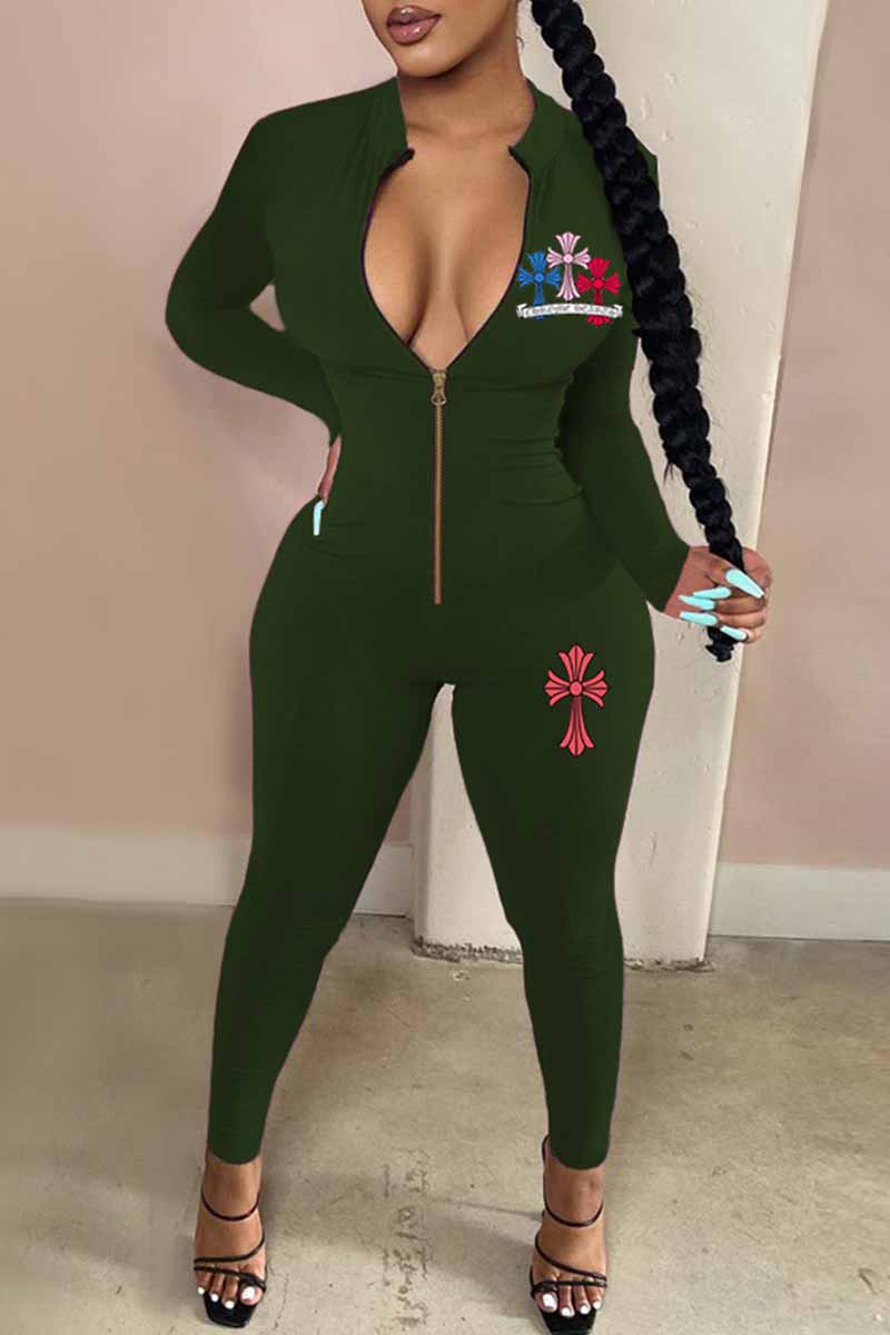 

Army Green Street Print Patchwork Zipper Collar Jumpsuits