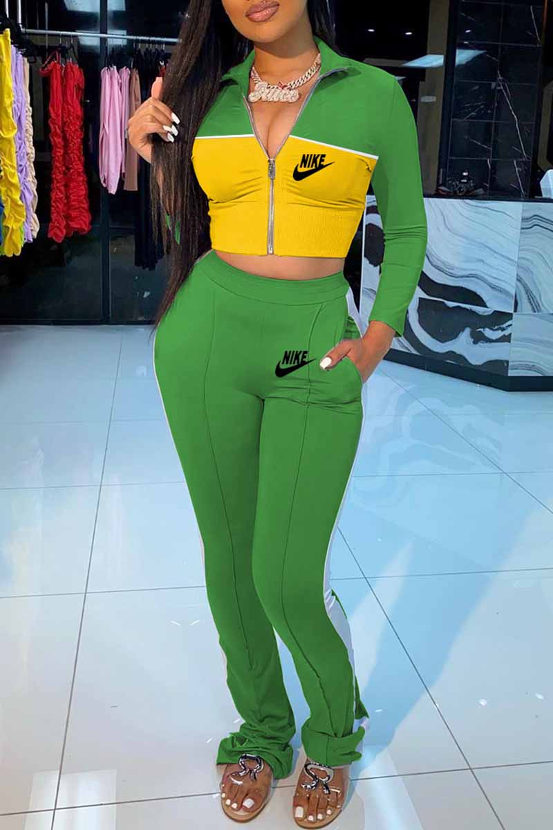 Green Casual Print Patchwork Zipper Collar Long Sleeve Two Pieces