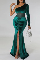 インクグリーンエレガントソリッドパッチワークフォールド斜めカラートランペットマーメイドドレス