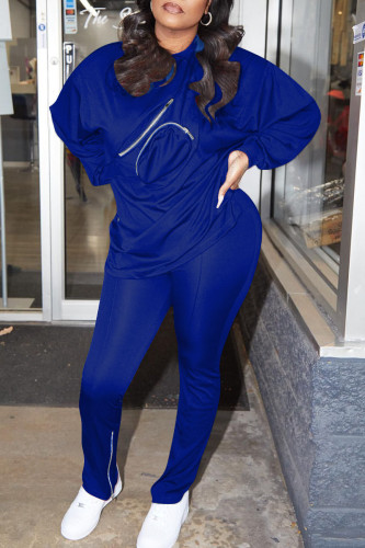 Blue Casual Solid Patchwork O Neck Long Sleeve Two Pieces