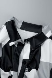 Tops col chemise patchwork imprimé décontracté noir blanc
