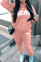 ヌード ピンク カジュアル プリント パッチワーク フード付き 襟 長袖 ツーピース