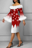 Vestidos saia ombro a ombro com estampa patchwork vermelho e branco elegante