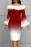 Рождественская елка Элегантный принт Пэчворк Перья с открытыми плечами Платья с юбкой на один шаг