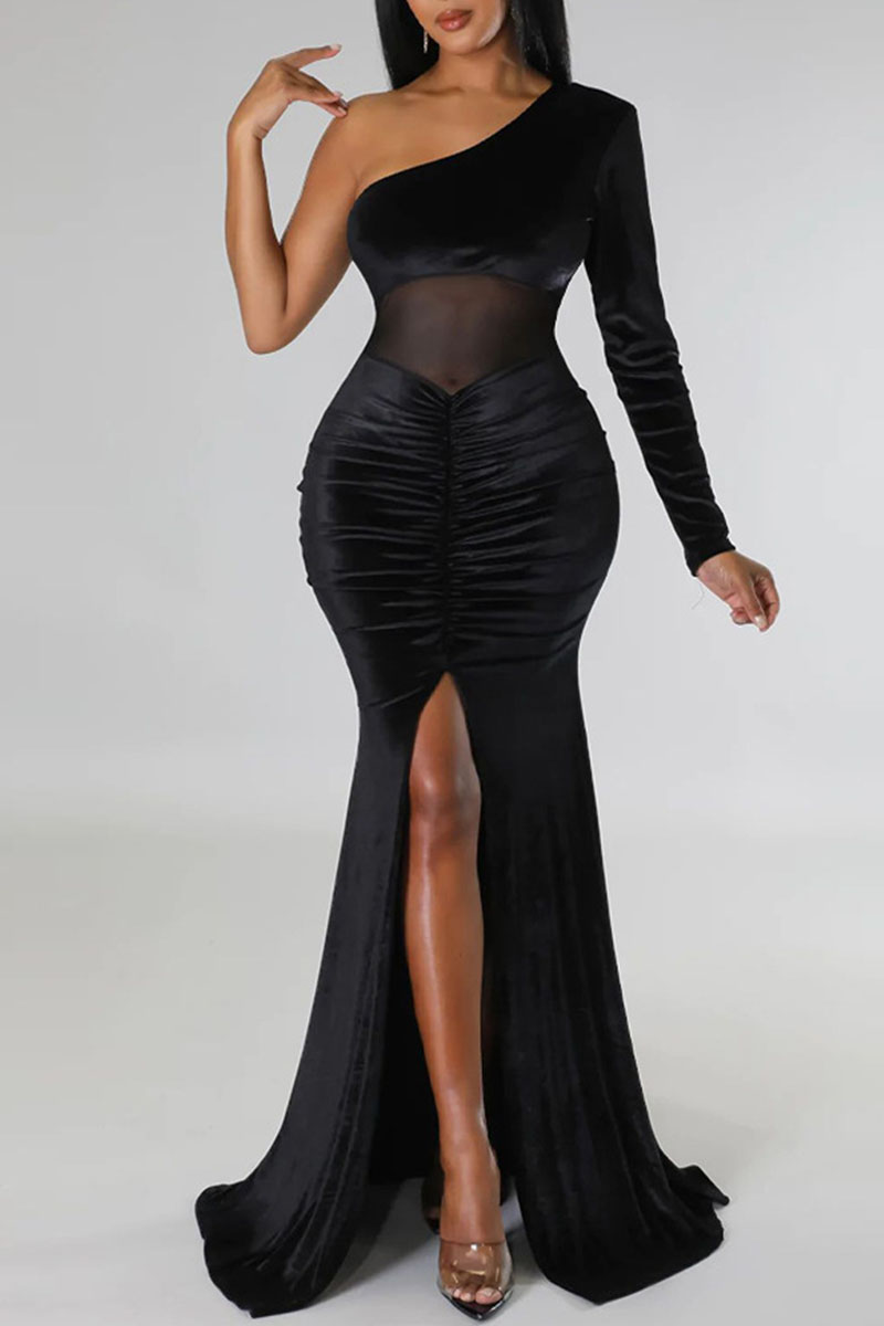 

Black Elegant Solid Patchwork Fold Oblique Collar Trumpet Mermaid Dresses