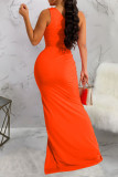 Tangerine Red Sexy Solid Hollowed Out Patchwork Fold Asymmetrical Oblique Collar Dresses