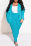 Sky Blue Casual Solid Cardigan Pants Cardigan Collar Plus Size Two Pieces