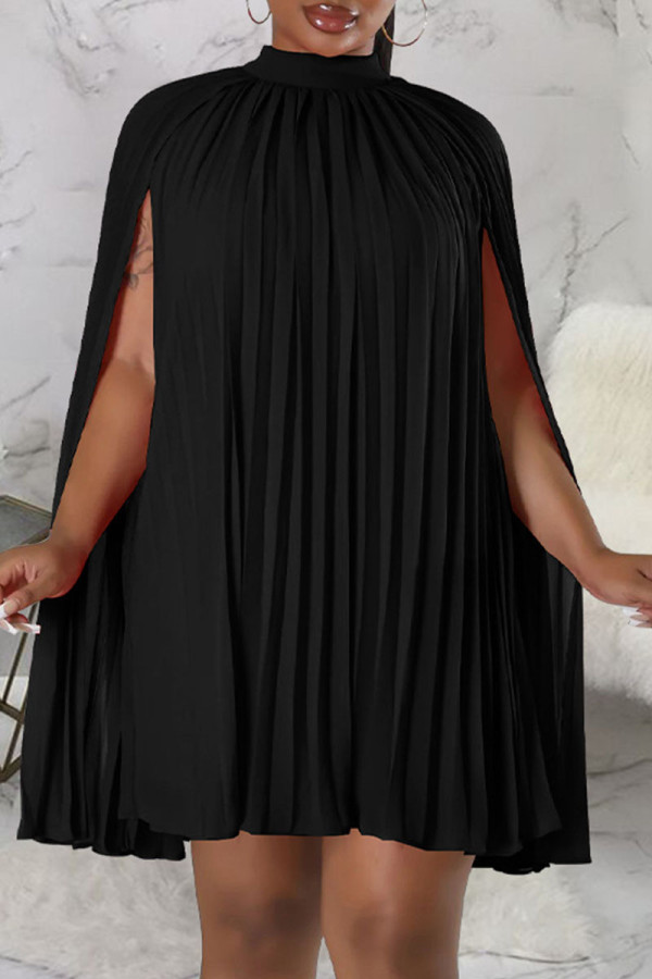Negro casual sólido patchwork doblar la mitad de un cuello alto una línea de vestidos