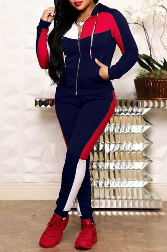 Deep Blue Casual Patchwork Contrast Hooded Collar Long Sleeve Two Pieces
