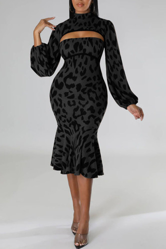 Black Sexy Print Patchwork Flounce Half A Turtleneck Long Sleeve Two Pieces