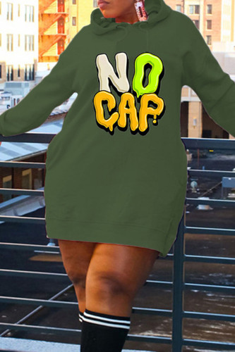 Army Green Casual Print Patchwork Hooded Collar T-shirt Dress Dresses