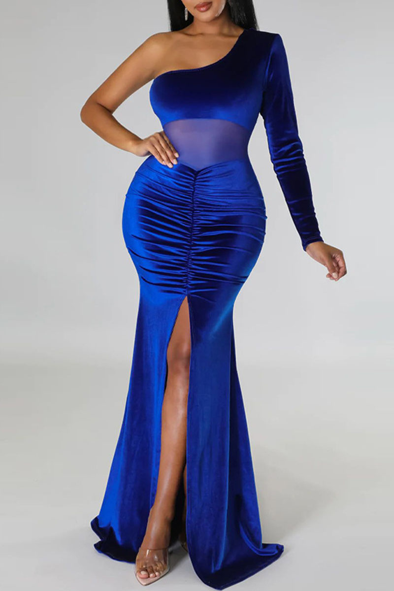 

Colorful Blue Elegant Solid Patchwork Fold Oblique Collar Trumpet Mermaid Dresses