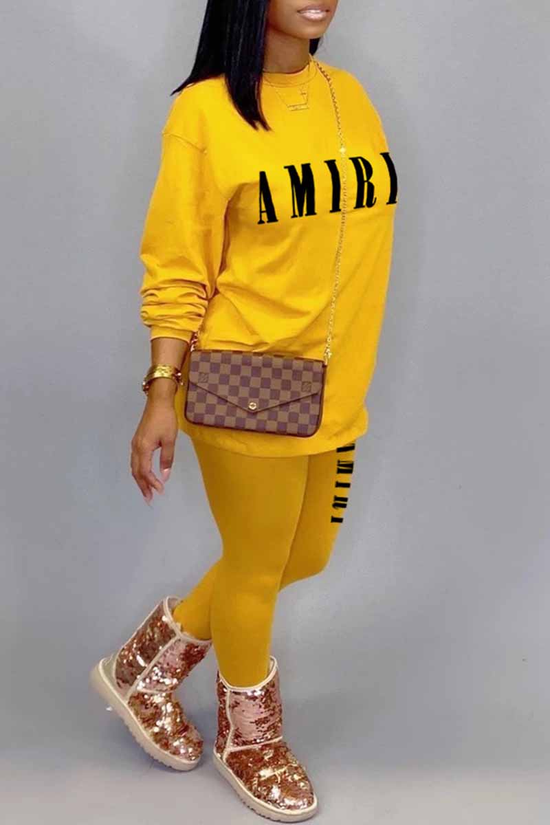 Yellow Casual Print Letter O Neck Long Sleeve Two Pieces