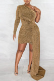 シャンパン カジュアル ソリッド パッチワーク 非対称 斜めカラー ペンシル スカート ドレス
