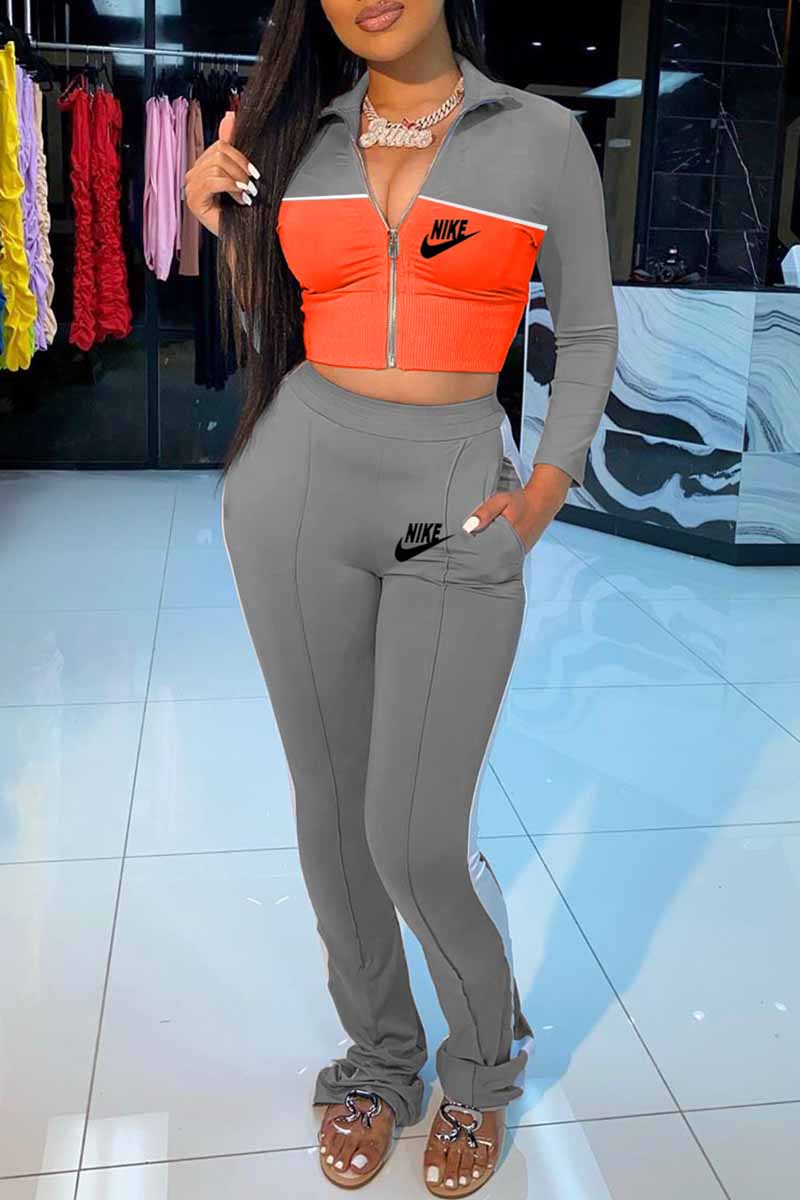 Grey Casual Print Patchwork Zipper Collar Long Sleeve Two Pieces