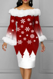 Рождественская елка Элегантный принт Пэчворк Перья с открытыми плечами Платья с юбкой на один шаг