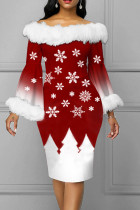 赤白のエレガントなプリント パッチワーク フェザー オフ ショルダー ワン ステップ スカート ドレス