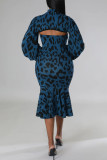 Blue Sexy Print Patchwork Flounce Half A Turtleneck Long Sleeve Two Pieces