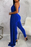 Blue Casual Solid Patchwork Oblique Collar Skinny Jumpsuits