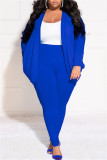 Calça Cardigan Azul Casual Sólido Cardigan Gola Plus Size Duas Peças