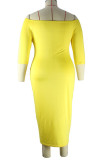 Amarillo casual sólido patchwork sin cinturón fuera del hombro falda de un paso vestidos de talla grande (sin cinturón)