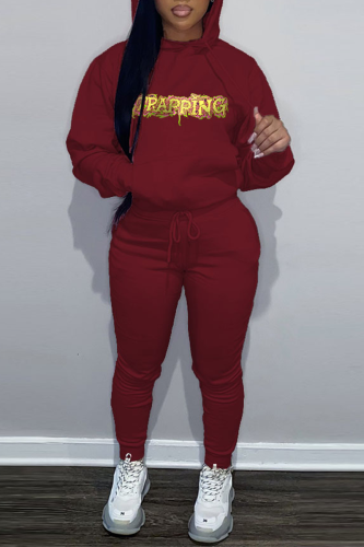 Burgundy Casual Letter Print O Neck Hooded Collar Long Sleeve Sweatshirt And Draw String Pants Two Pieces Jogger Sets